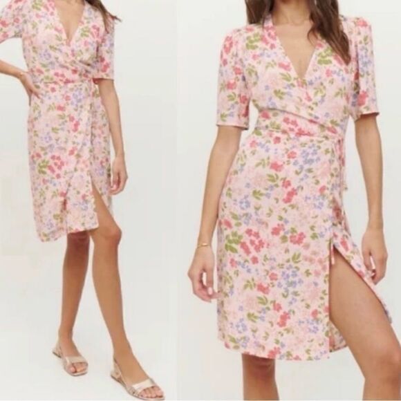 Reformation Laurent Wrap Mini Dress in Pink Esmee Floral Print NEW 0 $218 - Picture 1 of 8